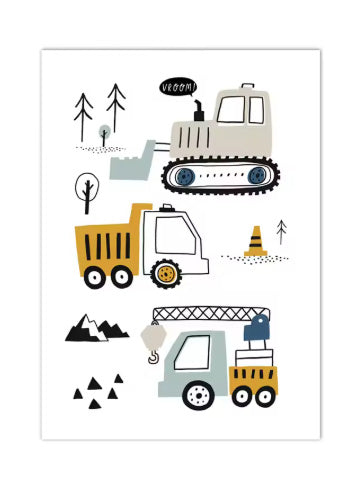 Frameless Excavator Canvas Art Poster: Nordic Style Decorative Painting for Kids Room & Modern Home Decor