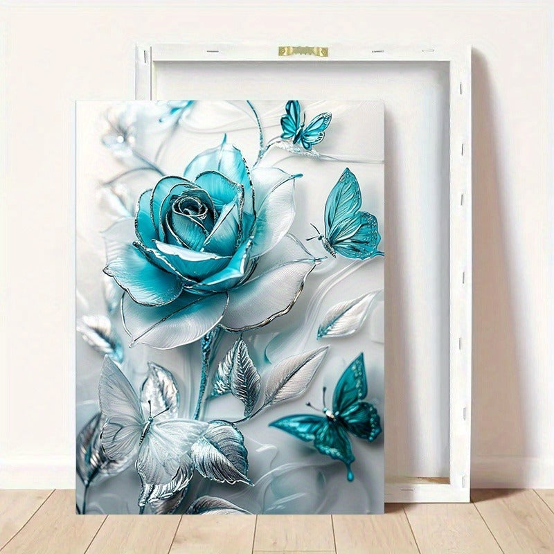 Elegant Turquoise Crystal Rose & Teal Butterflies Canvas Wall Art – Wooden Frame Decorative Poster for Home & Office