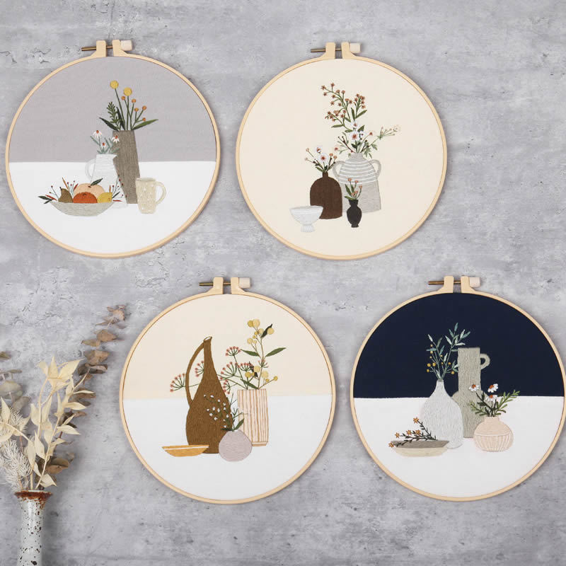 Embroidery DIY Material Bag Kit Cross Stitch – Plant Flower Pattern, Cotton Linen Fabric Craft Kit with Hoop, Beginners Handmade Gift