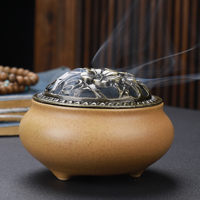 Copper Lid Ceramic Incense Burner – Buddha Antique Alloy Wire Aromatherapy Holder