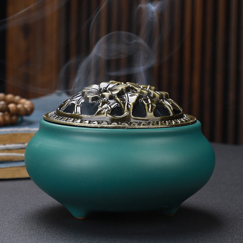 Copper Lid Ceramic Incense Burner – Buddha Antique Alloy Wire Aromatherapy Holder