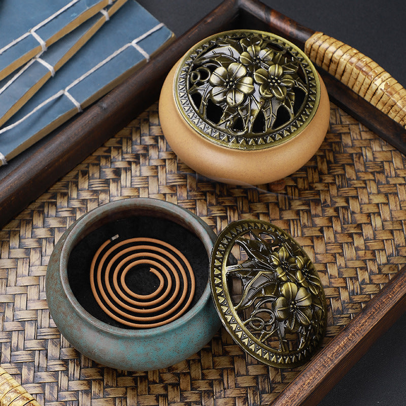 Copper Lid Ceramic Incense Burner – Buddha Antique Alloy Wire Aromatherapy Holder