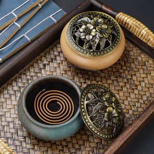 Copper Lid Ceramic Incense Burner – Buddha Antique Alloy Wire Aromatherapy Holder