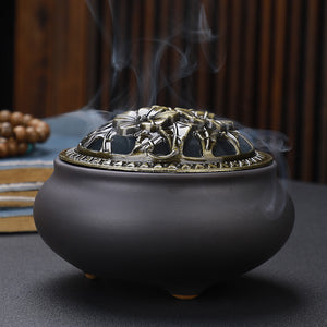 Copper Lid Ceramic Incense Burner – Buddha Antique Alloy Wire Aromatherapy Holder