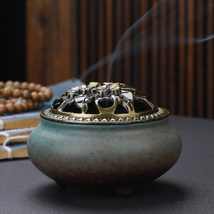Copper Lid Ceramic Incense Burner – Buddha Antique Alloy Wire Aromatherapy Holder