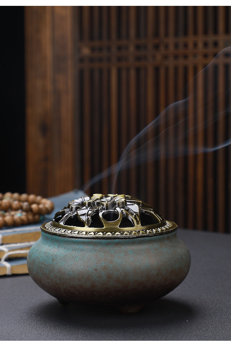 Copper Lid Ceramic Incense Burner – Buddha Antique Alloy Wire Aromatherapy Holder
