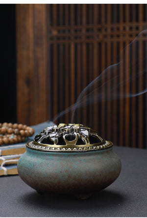 Copper Lid Ceramic Incense Burner – Buddha Antique Alloy Wire Aromatherapy Holder