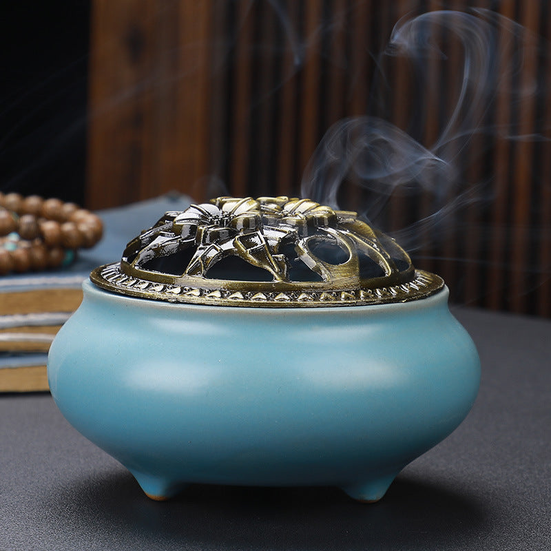 Copper Lid Ceramic Incense Burner – Buddha Antique Alloy Wire Aromatherapy Holder