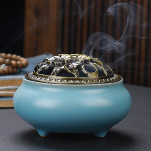 Copper Lid Ceramic Incense Burner – Buddha Antique Alloy Wire Aromatherapy Holder