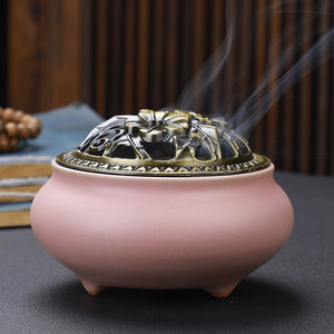 Copper Lid Ceramic Incense Burner – Buddha Antique Alloy Wire Aromatherapy Holder