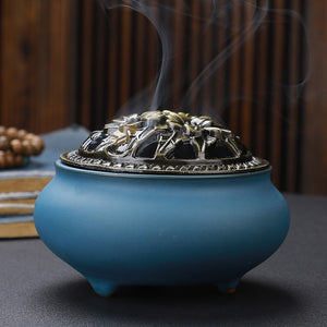 Copper Lid Ceramic Incense Burner – Buddha Antique Alloy Wire Aromatherapy Holder