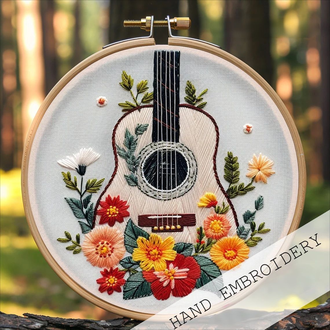 DIY Guitar & Floral Embroidery Kit: Beginner-Friendly Cotton Linen Art Package with 8-Inch Hoop & Tools