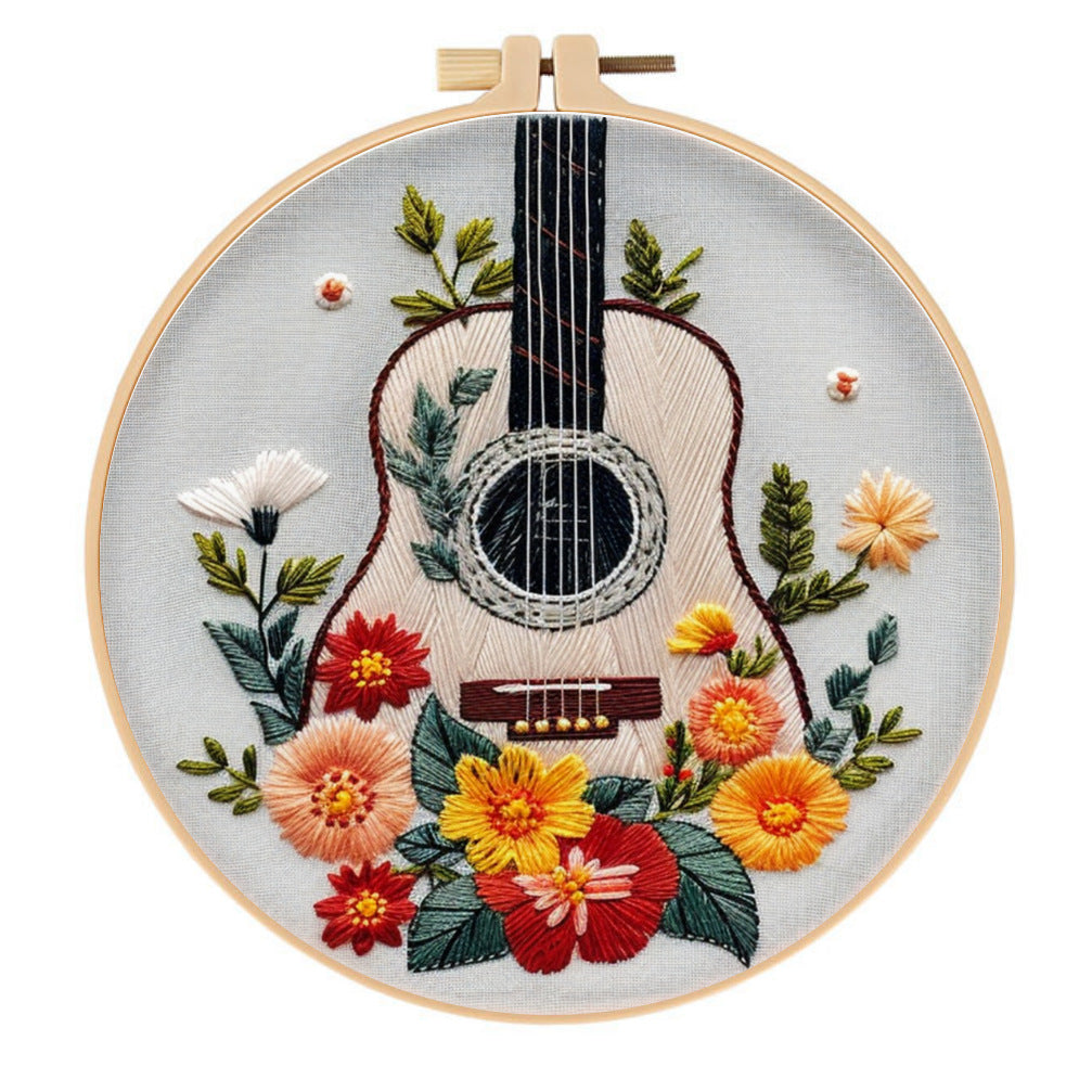 DIY Guitar & Floral Embroidery Kit: Beginner-Friendly Cotton Linen Art Package with 8-Inch Hoop & Tools