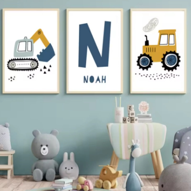 Frameless Excavator Canvas Art Poster: Nordic Style Decorative Painting for Kids Room & Modern Home Decor