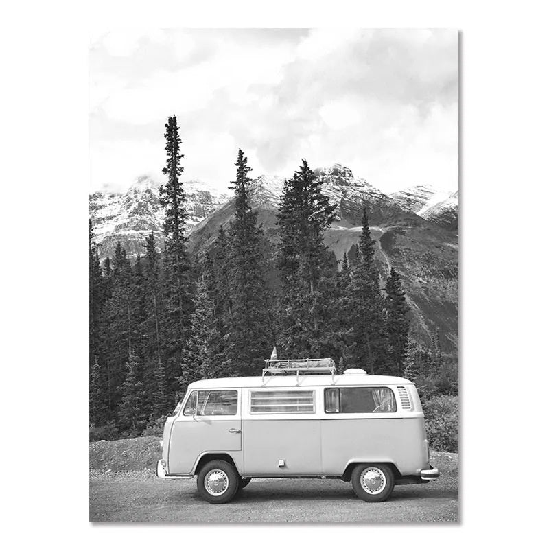 Nordic Black & White Seaside Landscape Wall Poster – Modern Surfing Art Print | Frameless Canvas Home Décor