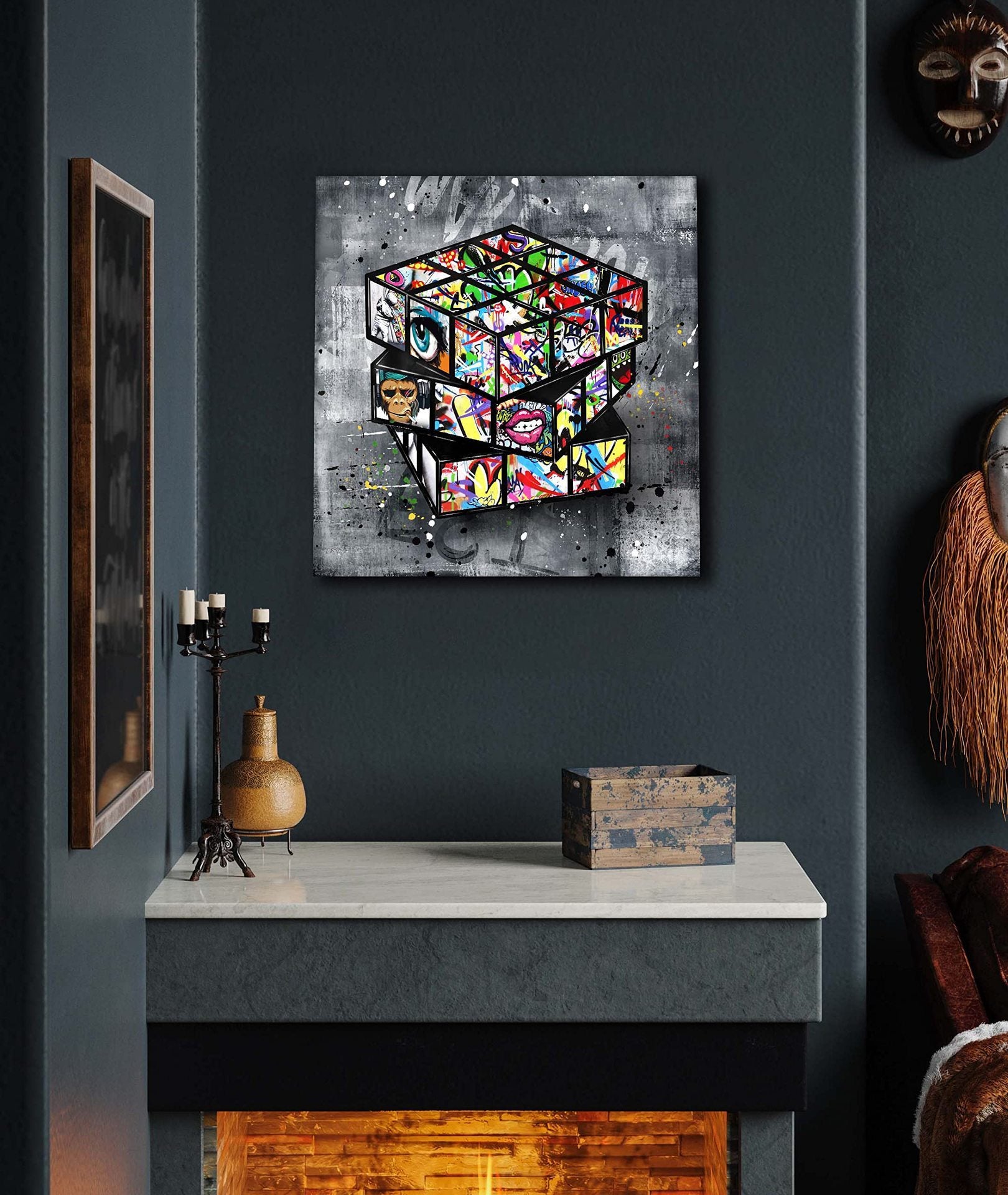 Banksy Graffiti Rubik’s Cube Canvas Painting – Framed Street Art Wall Decor | Modern Oil Canvas Artwork