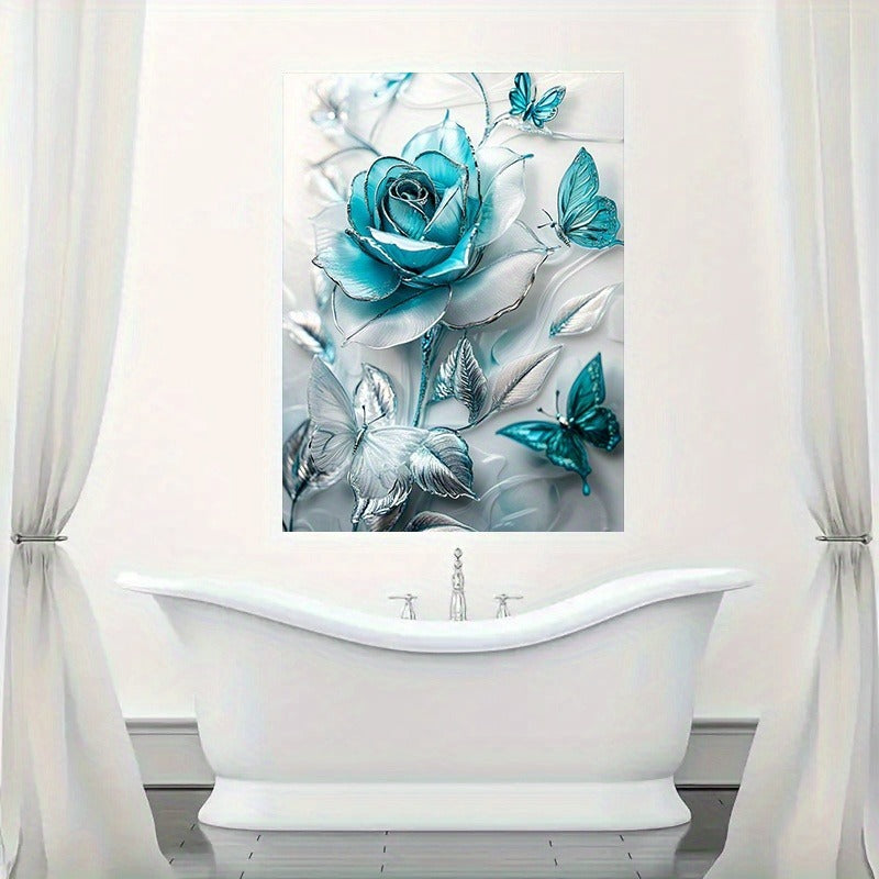 Elegant Turquoise Crystal Rose & Teal Butterflies Canvas Wall Art – Wooden Frame Decorative Poster for Home & Office