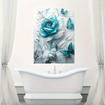 Elegant Turquoise Crystal Rose & Teal Butterflies Canvas Wall Art – Wooden Frame Decorative Poster for Home & Office
