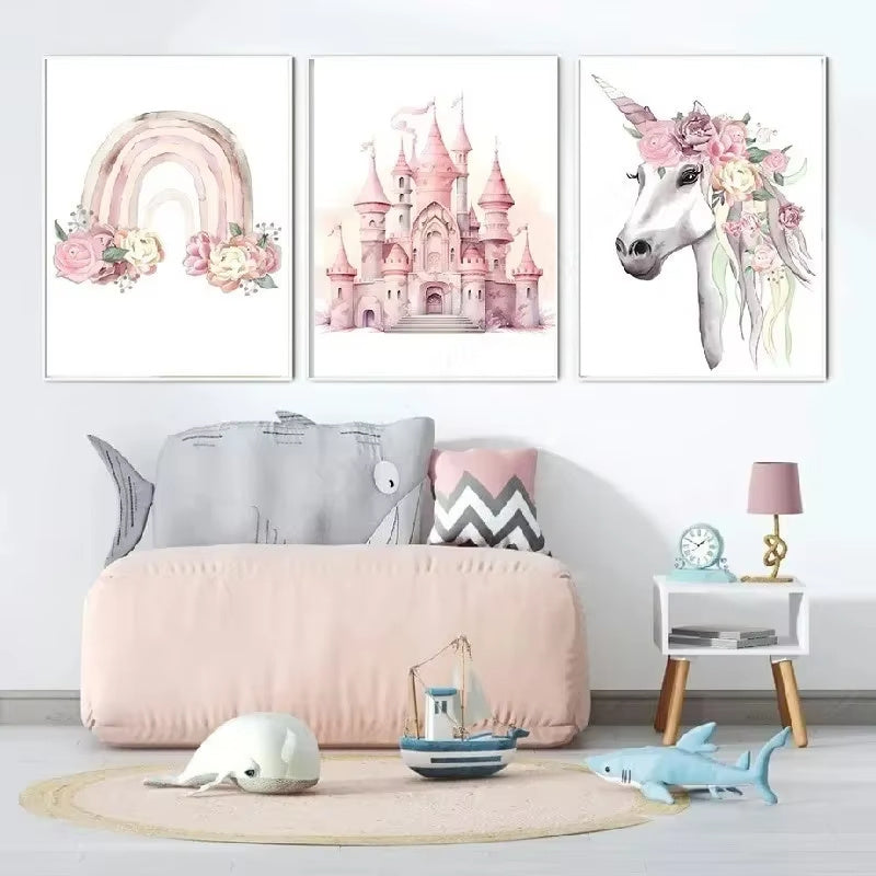 Frameless Rainbow Castle & Crown Canvas Painting: Nordic Wall Art Poster for Kids' Rooms & Nursery Decor