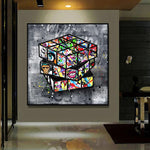Banksy Graffiti Rubik’s Cube Canvas Painting – Framed Street Art Wall Decor | Modern Oil Canvas Artwork