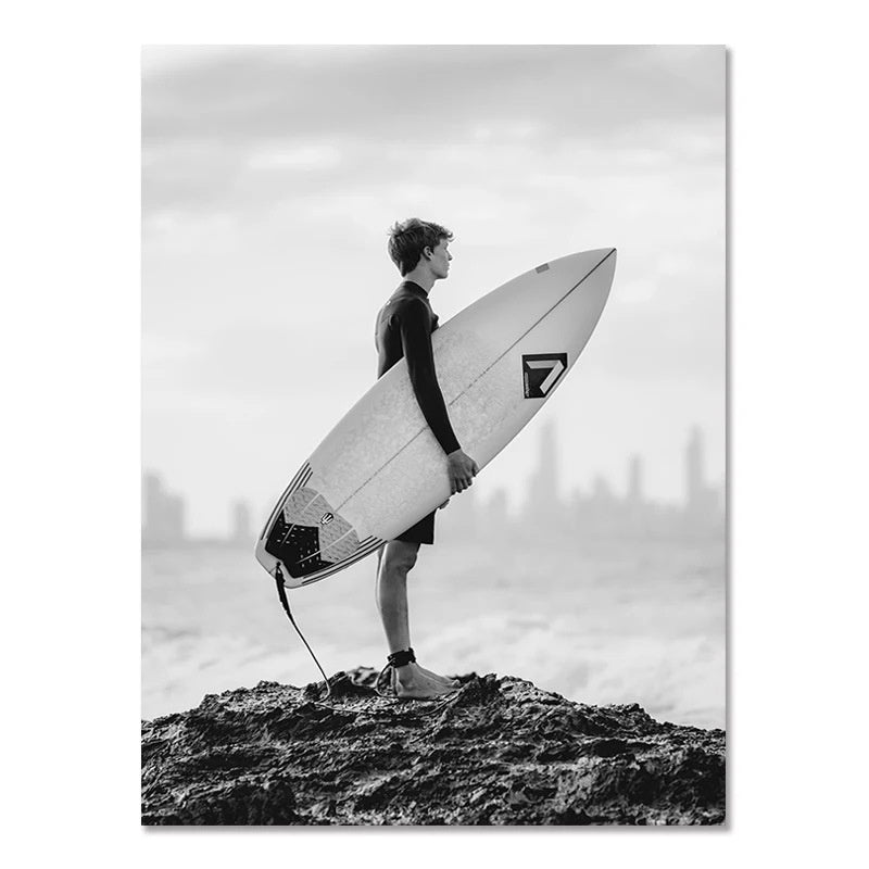 Nordic Black & White Seaside Landscape Wall Poster – Modern Surfing Art Print | Frameless Canvas Home Décor