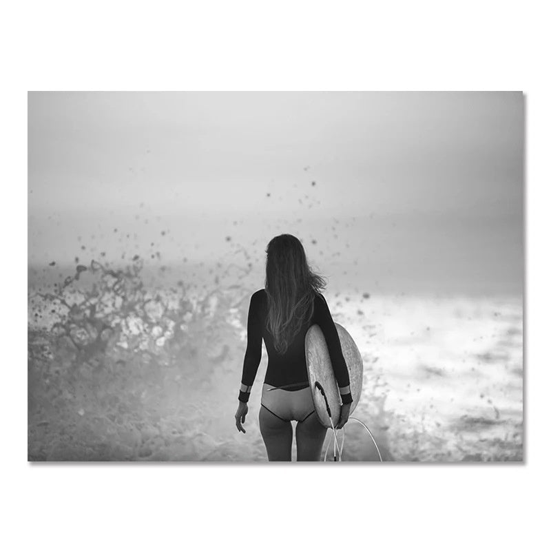 Nordic Black & White Seaside Landscape Wall Poster – Modern Surfing Art Print | Frameless Canvas Home Décor