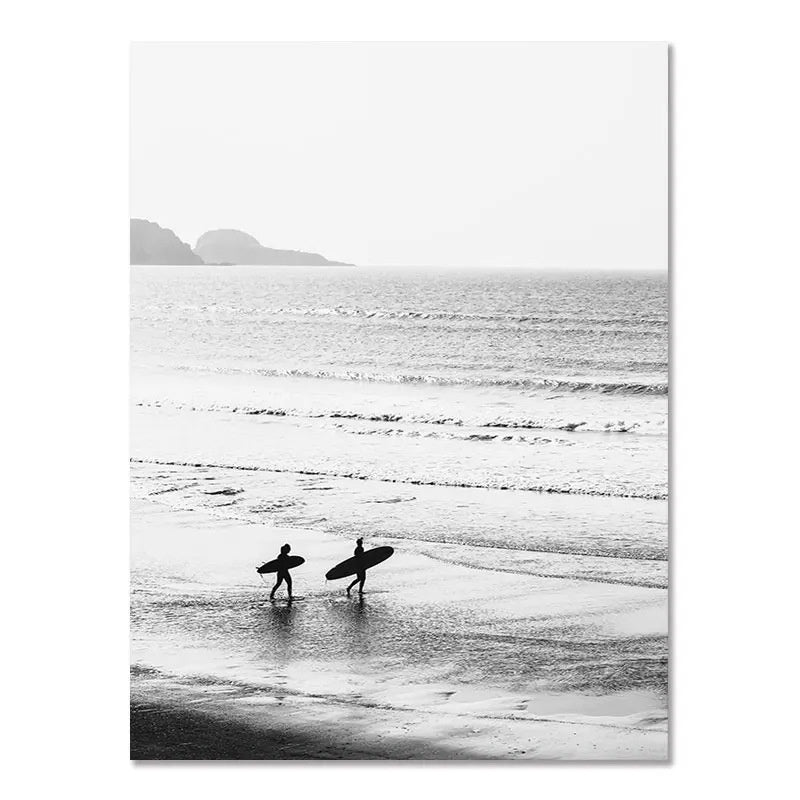Nordic Black & White Seaside Landscape Wall Poster – Modern Surfing Art Print | Frameless Canvas Home Décor