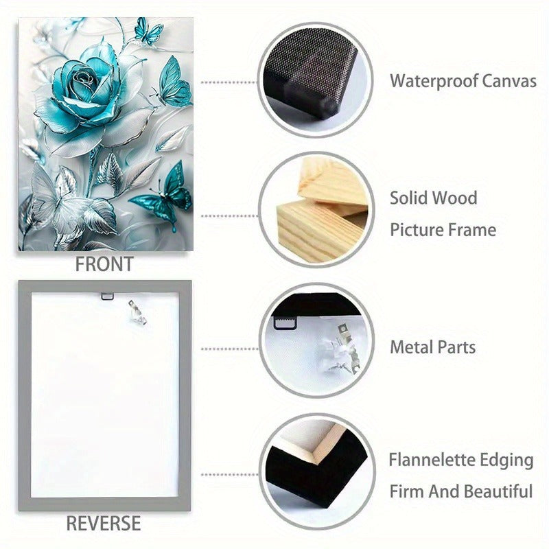 Elegant Turquoise Crystal Rose & Teal Butterflies Canvas Wall Art – Wooden Frame Decorative Poster for Home & Office