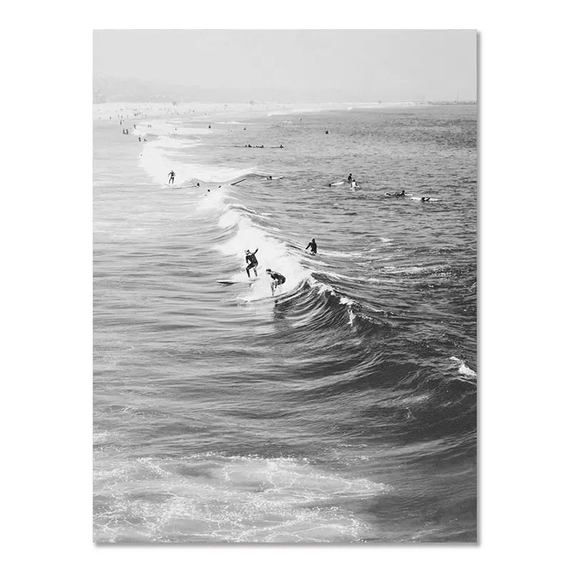 Nordic Black & White Seaside Landscape Wall Poster – Modern Surfing Art Print | Frameless Canvas Home Décor