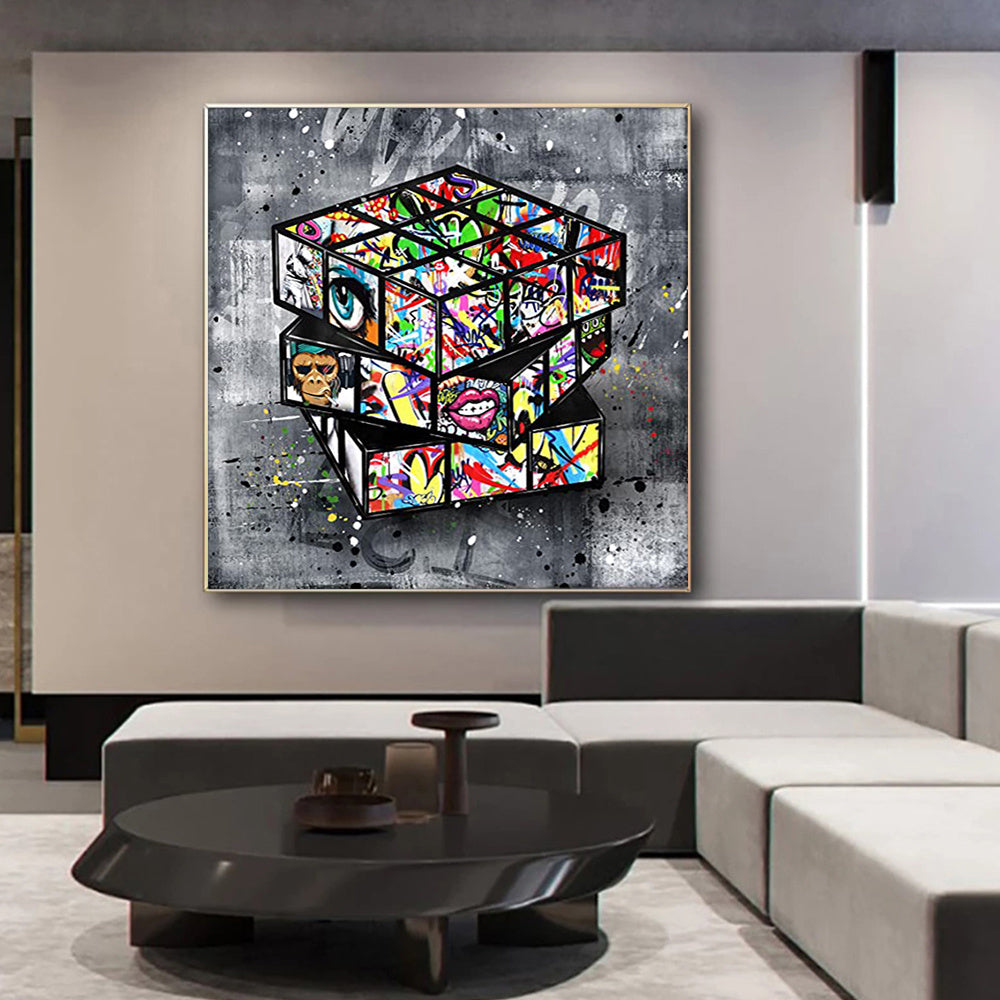 Banksy Graffiti Rubik’s Cube Canvas Painting – Framed Street Art Wall Decor | Modern Oil Canvas Artwork