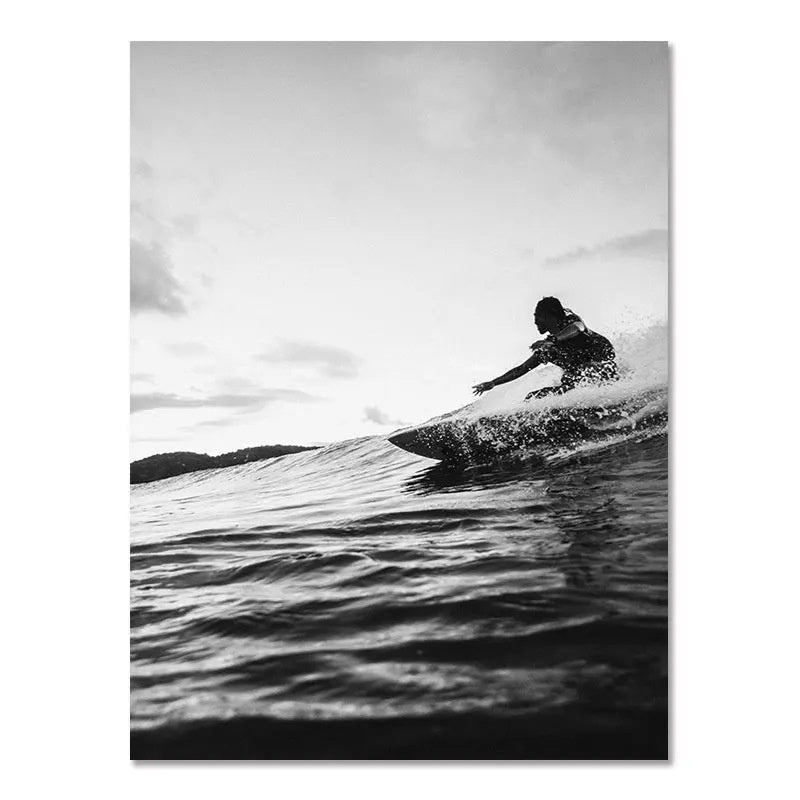 Nordic Black & White Seaside Landscape Wall Poster – Modern Surfing Art Print | Frameless Canvas Home Décor
