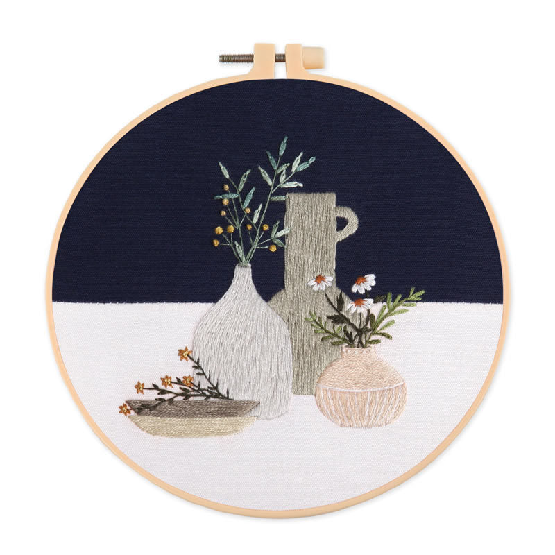 Embroidery DIY Material Bag Kit Cross Stitch – Plant Flower Pattern, Cotton Linen Fabric Craft Kit with Hoop, Beginners Handmade Gift