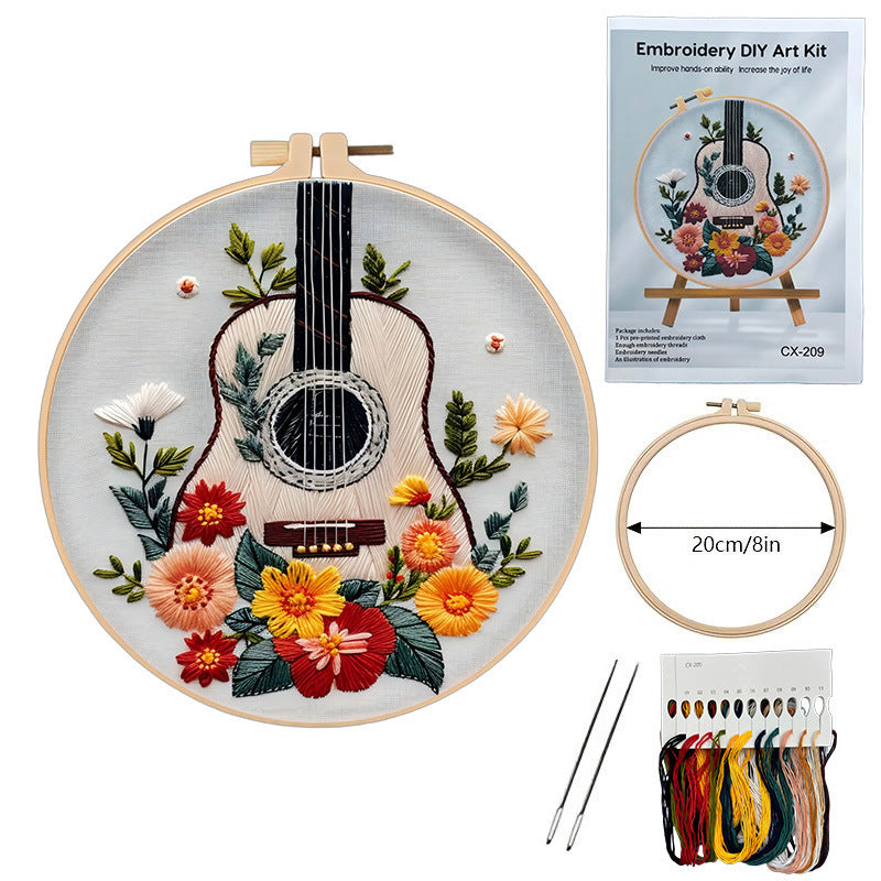 DIY Guitar & Floral Embroidery Kit: Beginner-Friendly Cotton Linen Art Package with 8-Inch Hoop & Tools