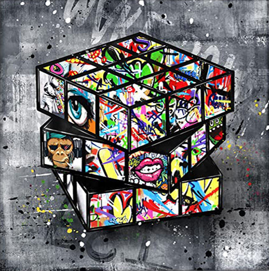 Banksy Graffiti Rubik’s Cube Canvas Painting – Framed Street Art Wall Decor | Modern Oil Canvas Artwork