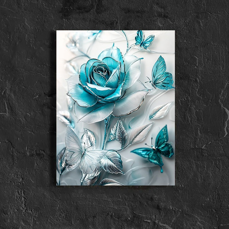Elegant Turquoise Crystal Rose & Teal Butterflies Canvas Wall Art – Wooden Frame Decorative Poster for Home & Office