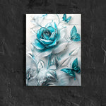 Elegant Turquoise Crystal Rose & Teal Butterflies Canvas Wall Art – Wooden Frame Decorative Poster for Home & Office