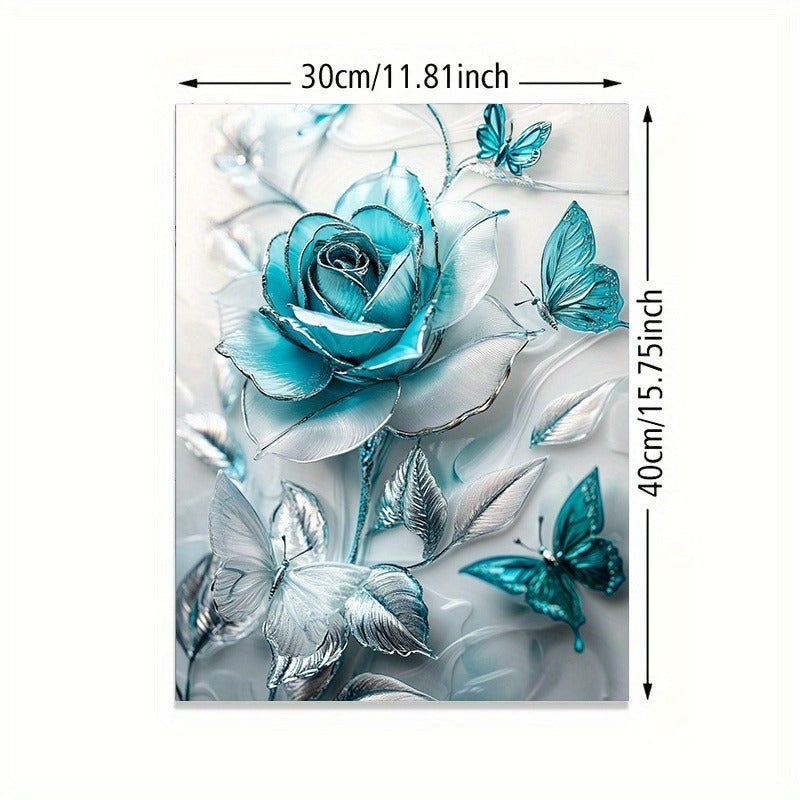 Elegant Turquoise Crystal Rose & Teal Butterflies Canvas Wall Art – Wooden Frame Decorative Poster for Home & Office