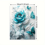 Elegant Turquoise Crystal Rose & Teal Butterflies Canvas Wall Art – Wooden Frame Decorative Poster for Home & Office