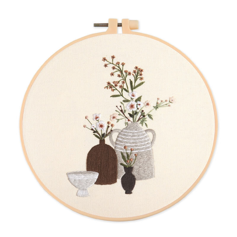 Embroidery DIY Material Bag Kit Cross Stitch – Plant Flower Pattern, Cotton Linen Fabric Craft Kit with Hoop, Beginners Handmade Gift